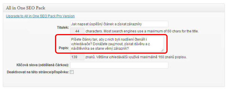 Jak vyplnit description - plugin All in One SEO Pack